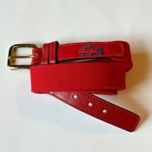 VINTAGE 80s Lacoste Belt Men Size 36 Red Leather Cotton Elastic Stretch Preppy